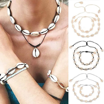 Set collana e bracciale in conchiglie con cordino di canapa regolabile