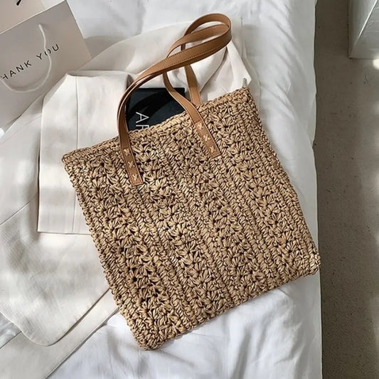 Rattanpalmen Tasche mit Lederriemen